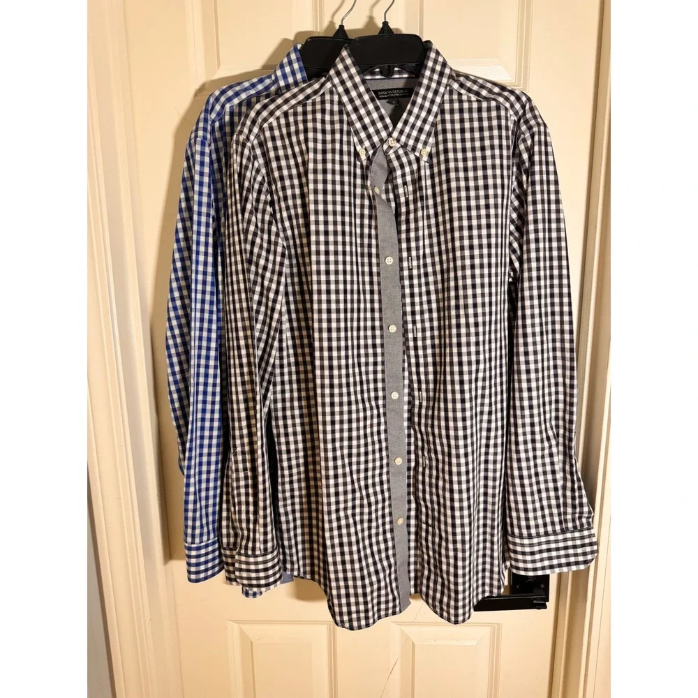 Banana Republic Non-Iron Slim Fit Dress Shirts Large Blue & Black Gingham Bundle